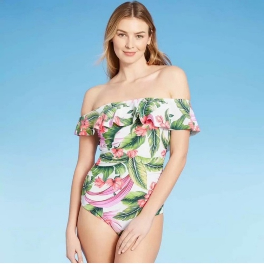 Kona Sol Floral Off Shoulder Flounce High Coverage One Piece Swimsuit - M